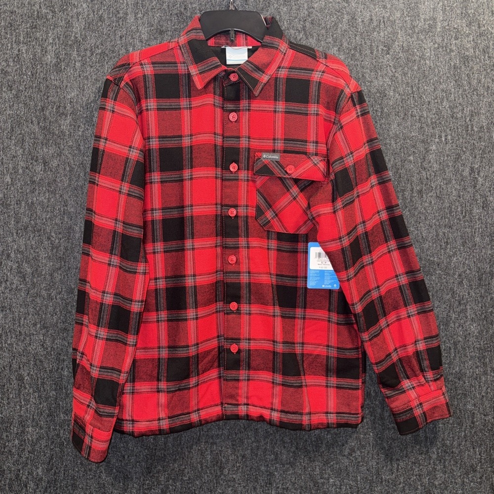 Columbia Hill View Shirt Jacket‎ Mens Small Red Plaid Fleece Lined Regular Fit